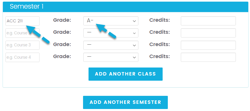 College GPA Calculator Step 1 - Enter Class Grades